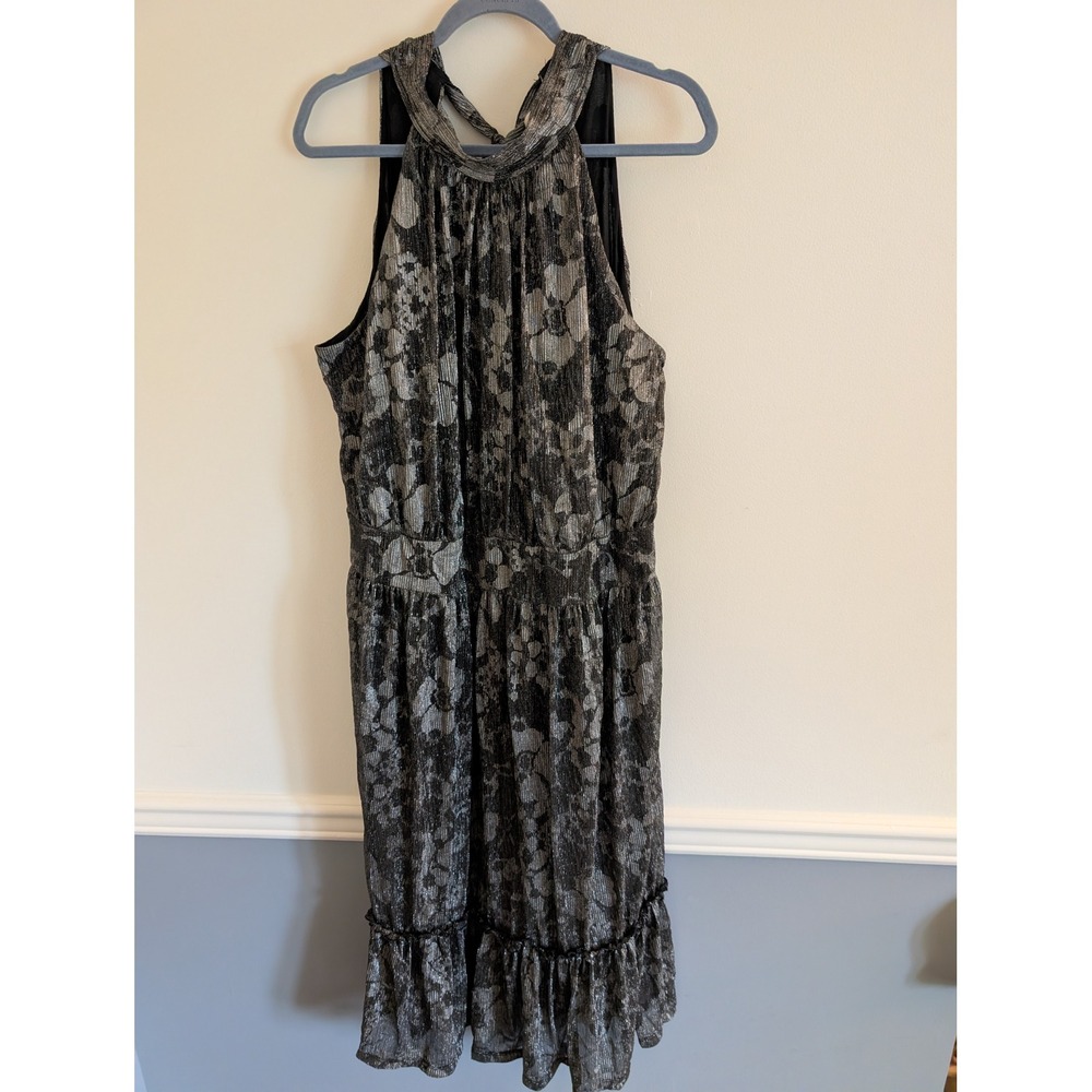 Michael Kors Womens Silver Metallic Floral Halter Dress 2X NWT festive holiday